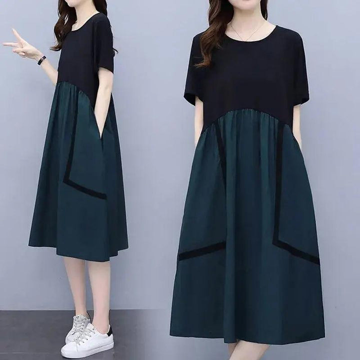 【期間限定特別価格1980円】M-3XL 新登場 配色 ラウンドネック 半袖 着瘦せ カジュアルワンピース#1264 darcywear
