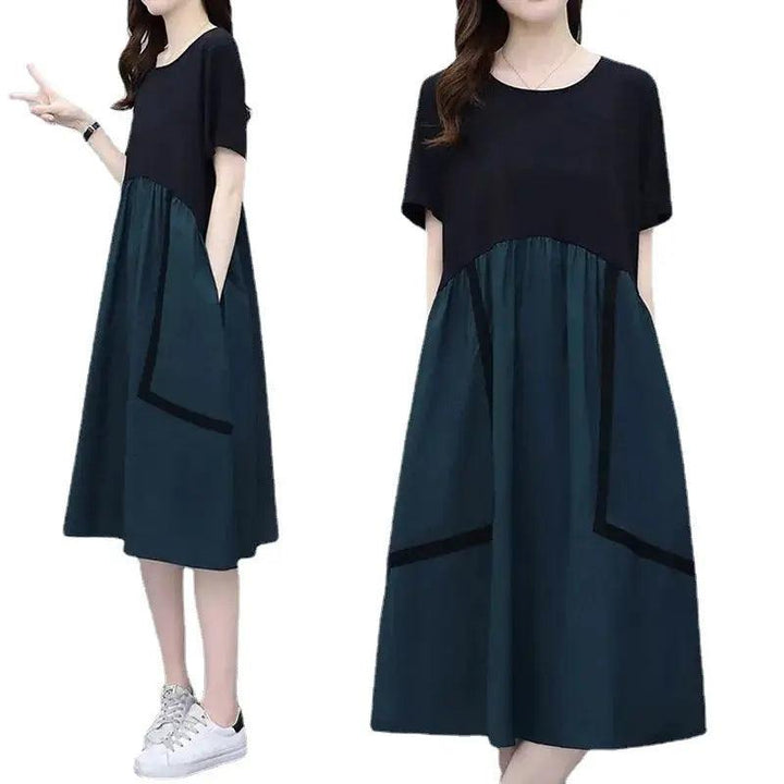 【期間限定特別価格1980円】M-3XL 新登場 配色 ラウンドネック 半袖 着瘦せ カジュアルワンピース#1264 darcywear