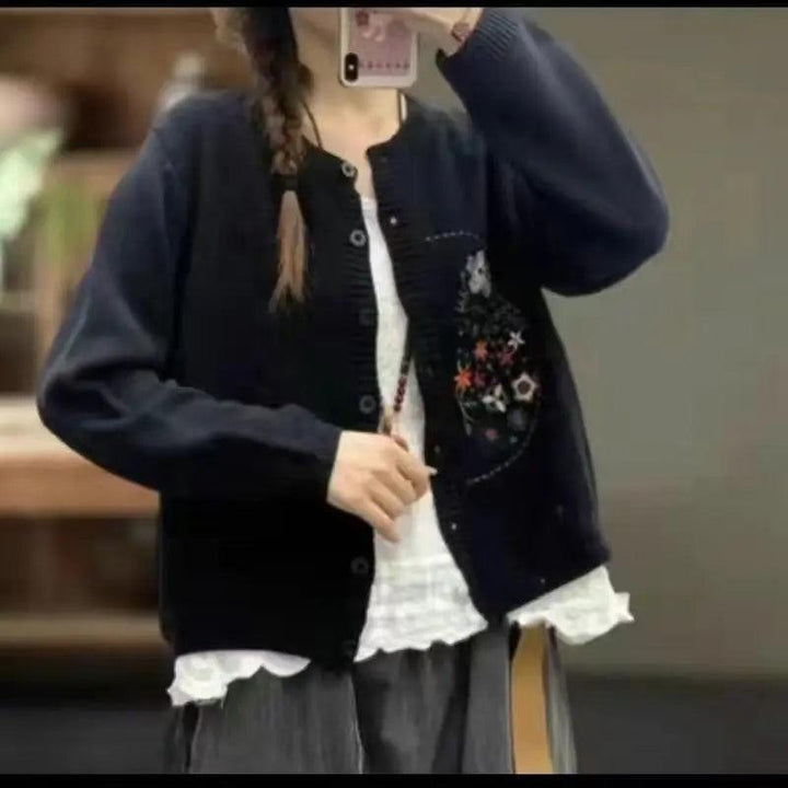 7色展開 S-3XL おしゃれ度アップ プリント 長袖 レトロ 森ガール 切り替え 刺繍 カーディガン#1345 darcywear