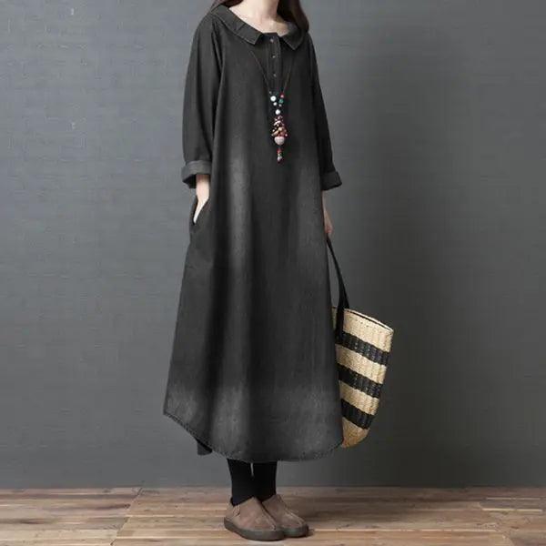 M-2XL ゆるっと ボタン 折り襟 レトロ 長袖 デニムワンピース カジュアルワンピース#1307 darcywear