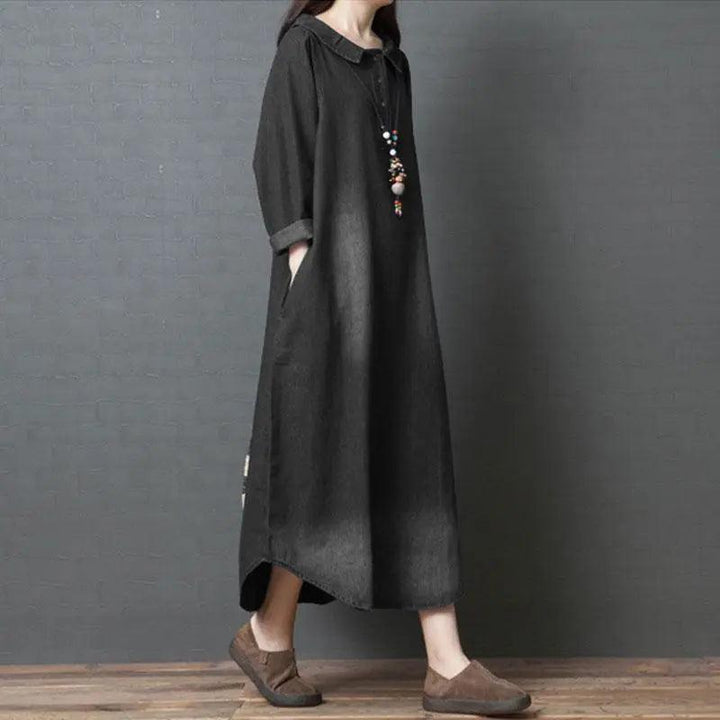 M-2XL ゆるっと ボタン 折り襟 レトロ 長袖 デニムワンピース カジュアルワンピース#1307 darcywear