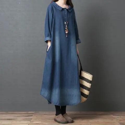 M-2XL ゆるっと ボタン 折り襟 レトロ 長袖 デニムワンピース カジュアルワンピース#1307 darcywear