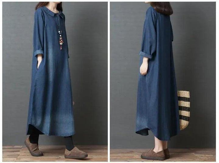 M-2XL ゆるっと ボタン 折り襟 レトロ 長袖 デニムワンピース カジュアルワンピース#1307 darcywear