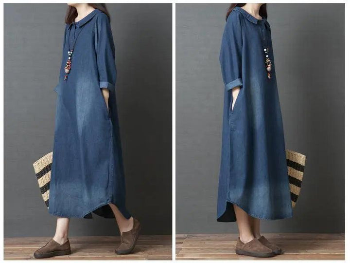 M-2XL ゆるっと ボタン 折り襟 レトロ 長袖 デニムワンピース カジュアルワンピース#1307 darcywear