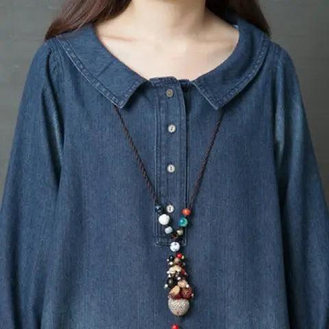 M-2XL ゆるっと ボタン 折り襟 レトロ 長袖 デニムワンピース カジュアルワンピース#1307 darcywear