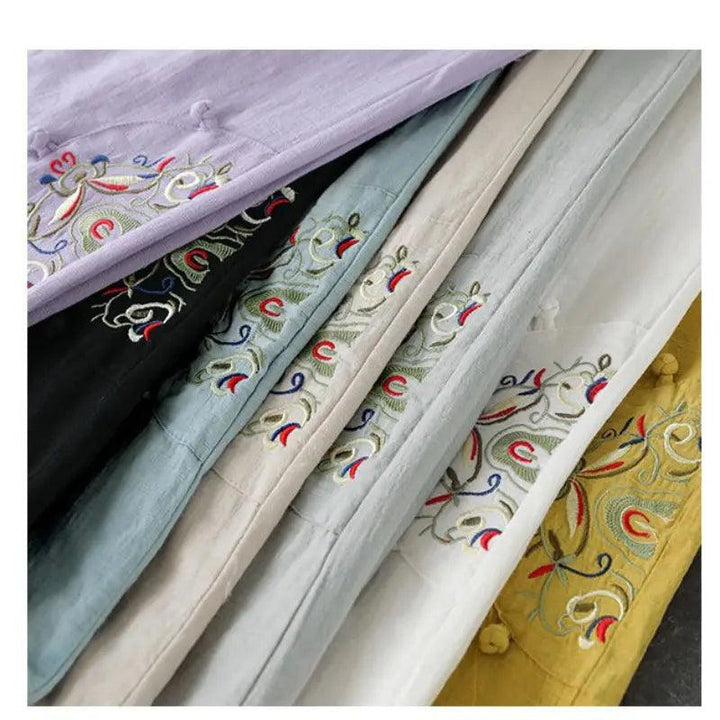 M-5XL 刺繍 花柄 コットンリネン ワンカラー ゴムウエスト ゆったり ストレートワイドパンツ#1156 darcywear